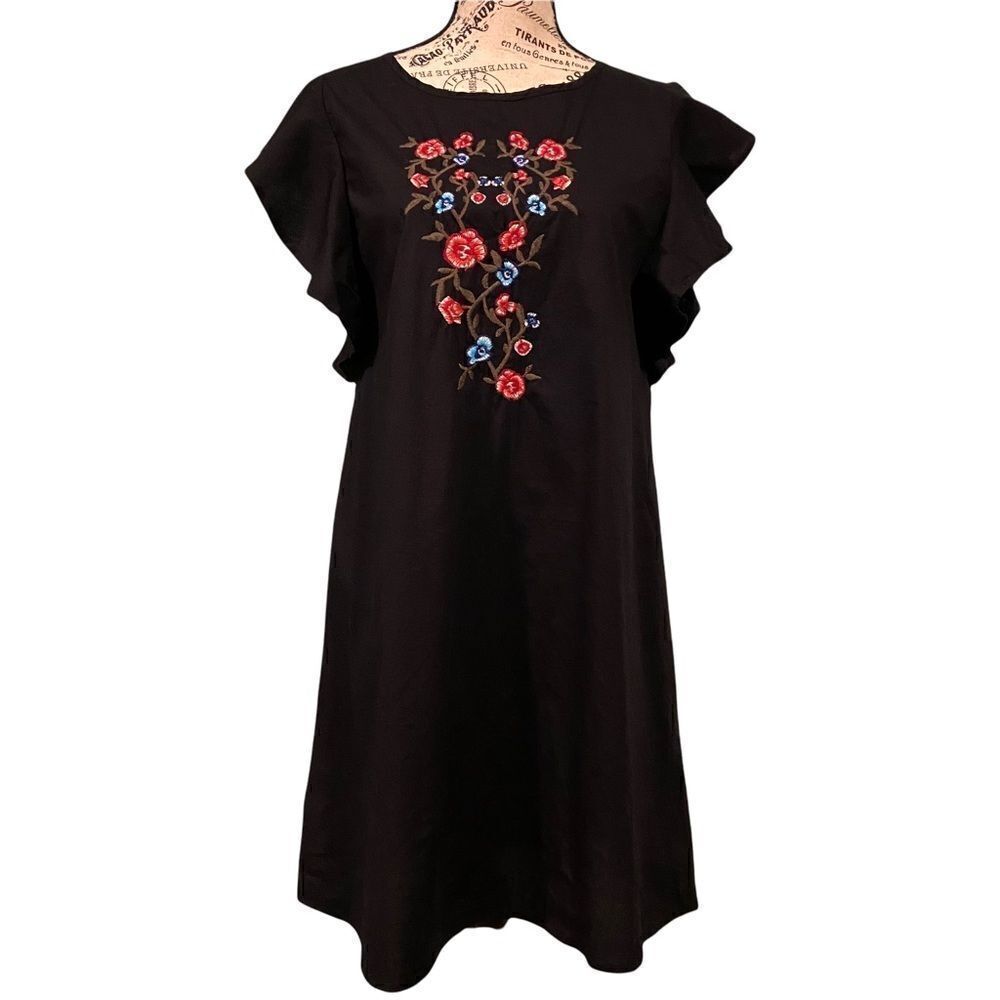 Potter's Pot Black Mini Dress with Red and Blue Floral Embroidery